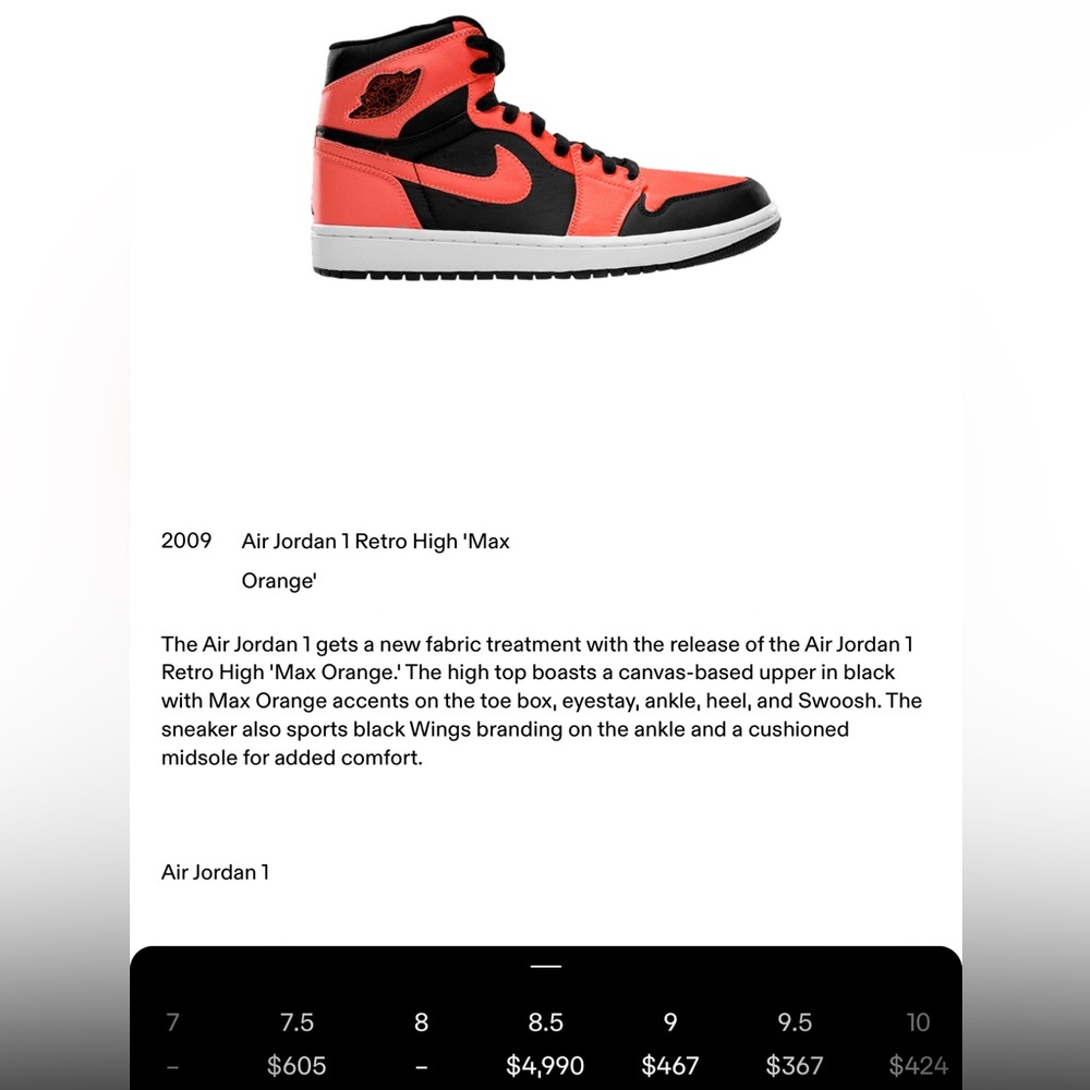 Men’s Jordan 1 OG 2009 “Max Orange” Size 8.5